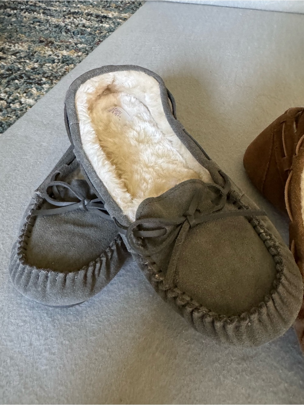 stars above Brown Faux-Suede Moccasin Slippers with Shearling Lining